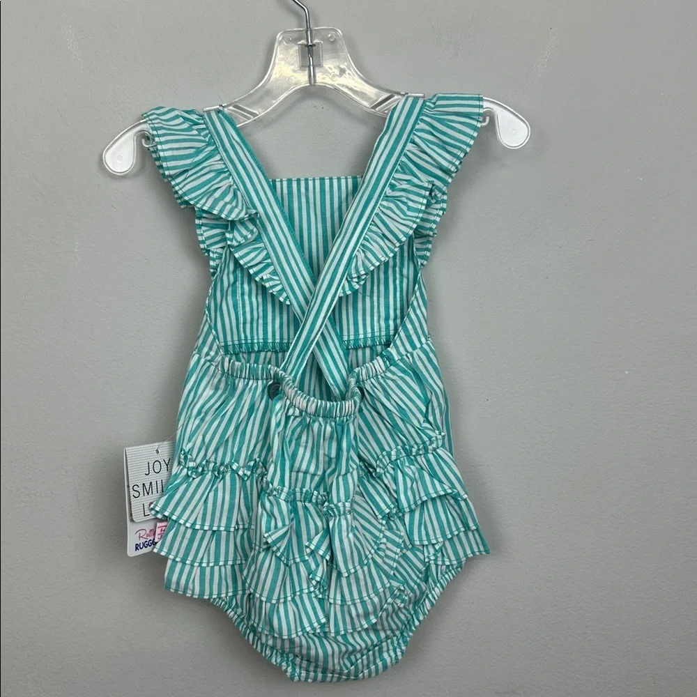NWT Ruffle Butts Bella Aqua Blue Stripe Bubble Romper W/ Headband Sz 6-12M